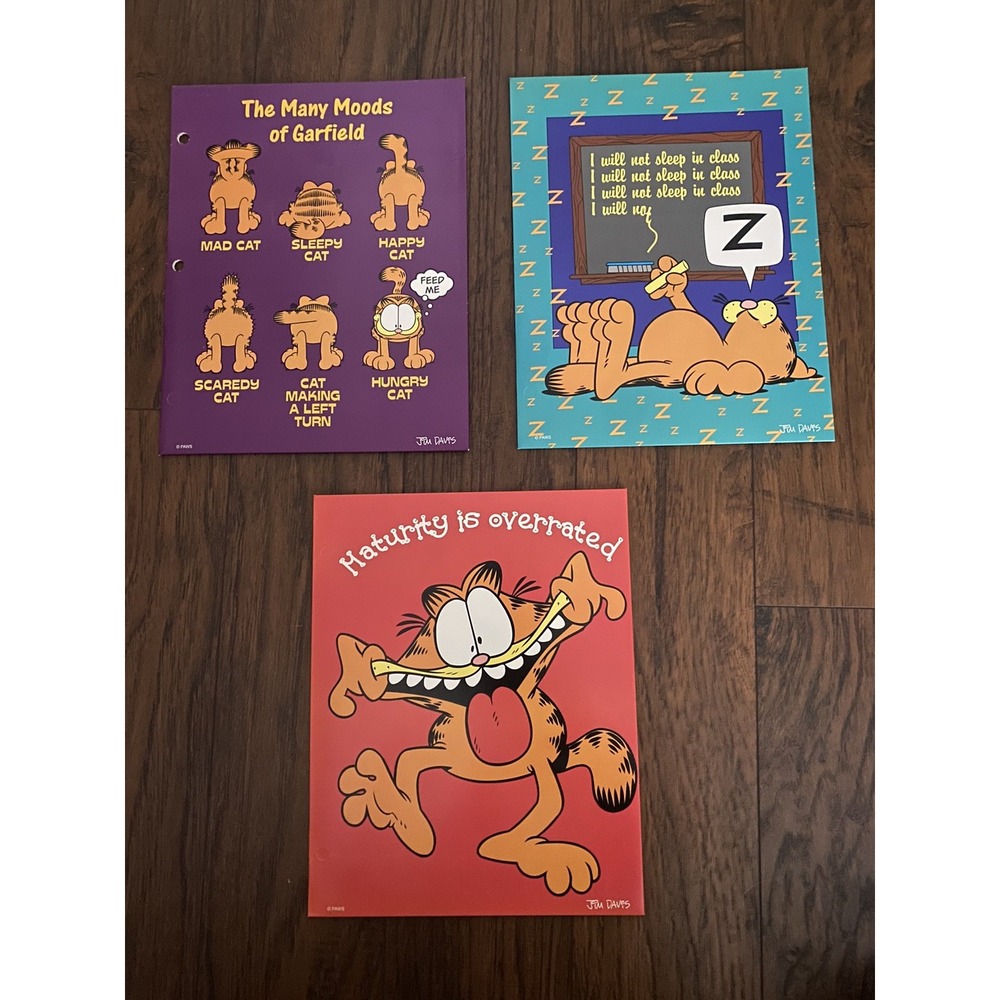 3 Vintage Garfield Pocket Folders‎ Lot 1978 Mead Portfolio Messy Bedroom Lunch